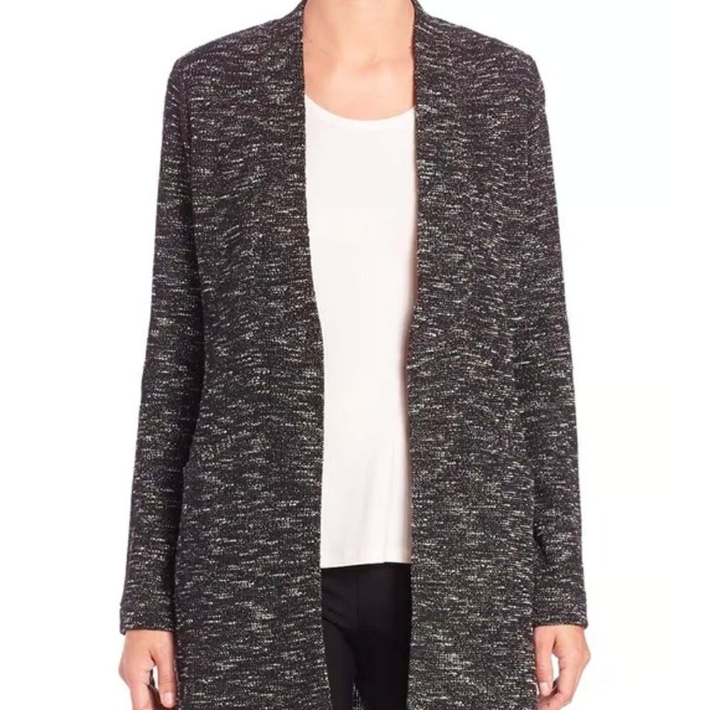 Eileen Fisher Micro Tweed Knit Long Cardigan Black White Textured Sz S B2 - Picture 2 of 14